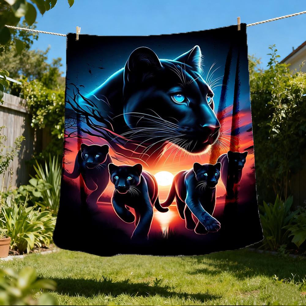 1pc Panther Family Throw Blanket Polyester Fiber, Lightweight Flannel, Soft & Warm, All Season Use for Outdoor, Camping