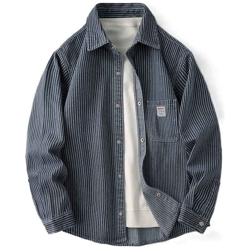 Men's Retro Vertical Stripe Denim Shirt - Spring/Autumn Loose Fit Long Sleeve Jacket