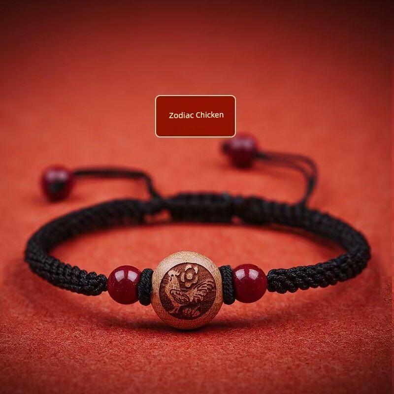 Peachwood Zodiac Red Rope Bracelet Men's Lucky Beads Woven Hand Strap Girls Kids Natural Cinnabar Bracelet Snake