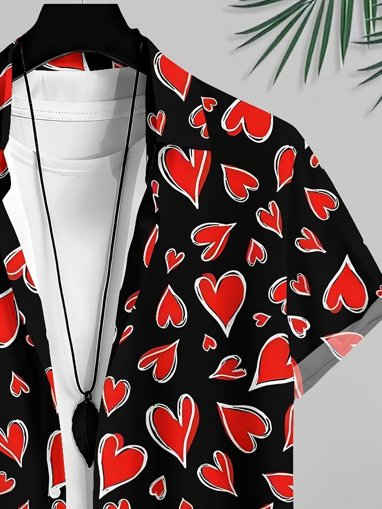 Valentine's Day Shirt for Men, Casual Shirt with Heart Pattern Print, Valentine's Day Gift