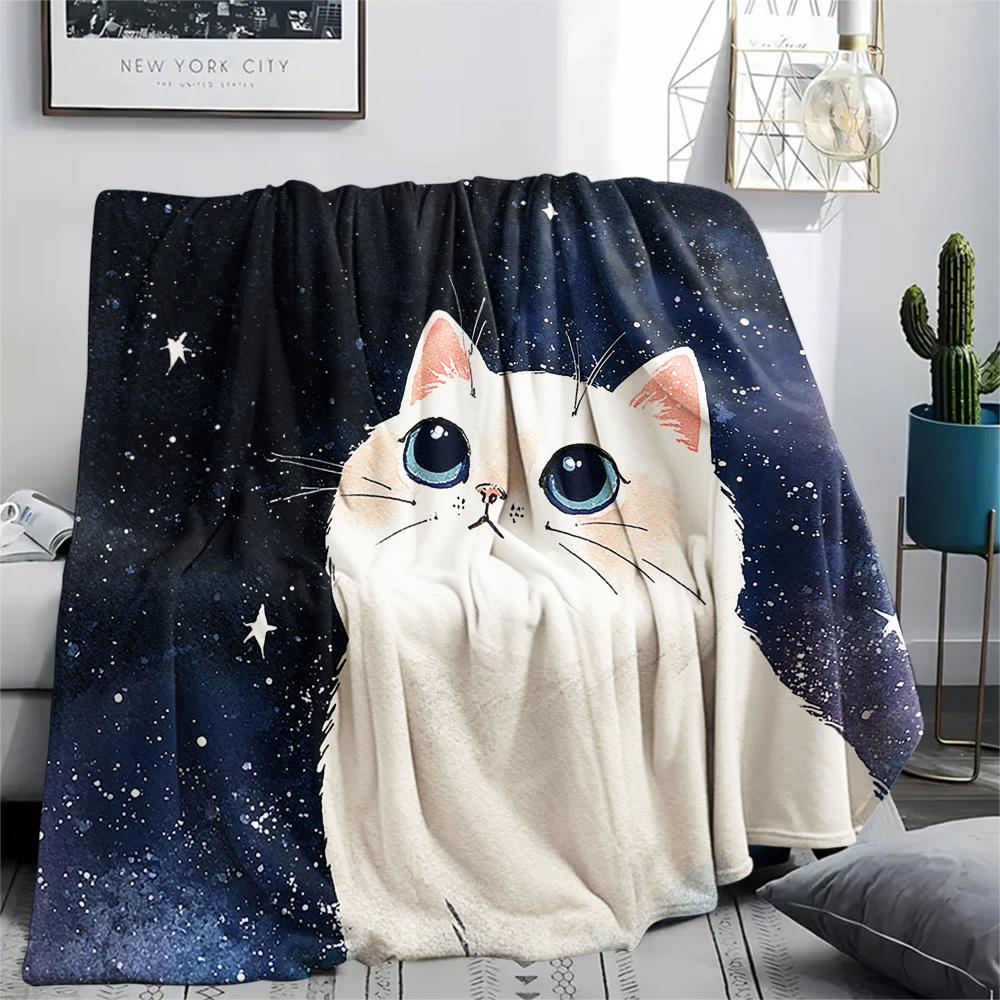 White Cat Print Flannel Blanket, High quality Comfortable for All Seasons, Home Decor, Warmth and Comfort, Perfect for Christmas Gifts