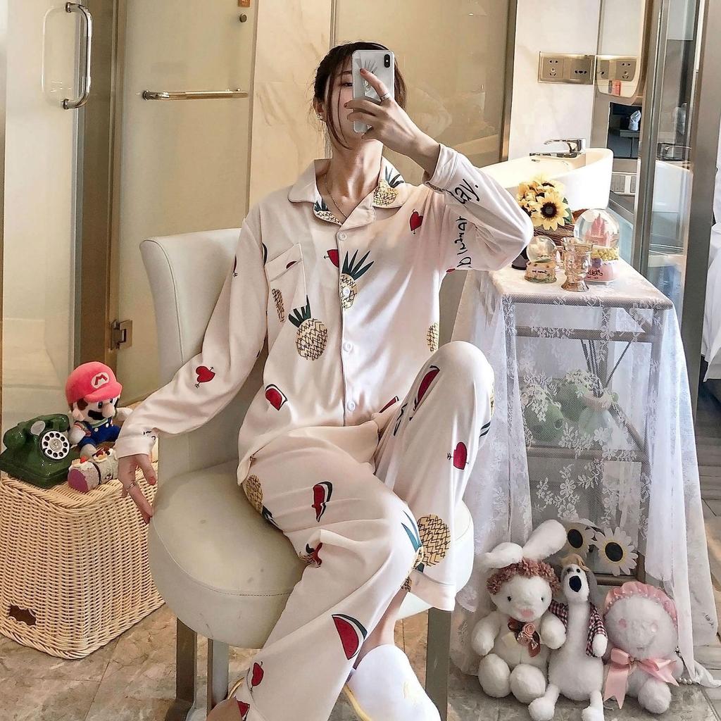 Middle-Aged Mom Long Sleeve Pajamas - Green Plant Series Cardigan, Loose Plus Size Home Set for Women, Spring/Autumn.