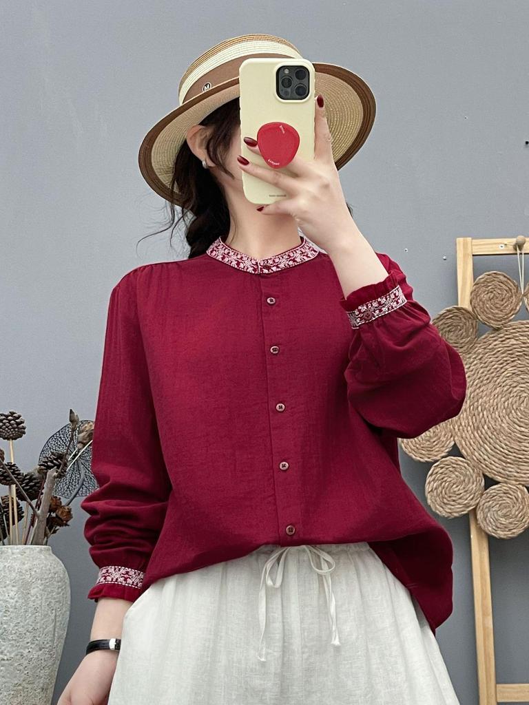 Women's Ethnic Embroidered Double-Layer Gauze Stand-Collar Long-Sleeve Shirt - Spring 2026 Collection