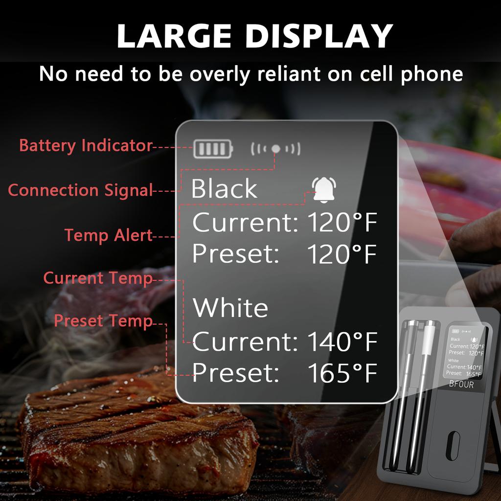 Wireless Bluetooth Meat Thermometer IP67 Waterproof Probes with LCD Screen Booster Rechargeable for Grilling Smoker BBQ Oven