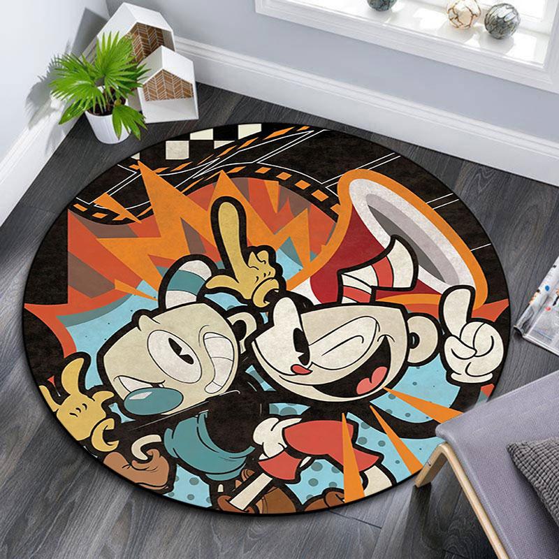 Cuphead & Mugman, Tappeto Rotondo, Tappeto per Soggiorno Camera da Letto Divano Sala Giochi Decorazione, Tappetino Antiscivolo