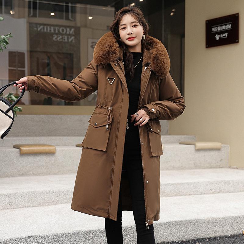 

Women s New Fur Collar with Hood Removable Liner Windproof Lightweight Thickened Fluffy Warm Cold Long Casual Sports Jacket Parka Cotton Jacket M темно-коричневого