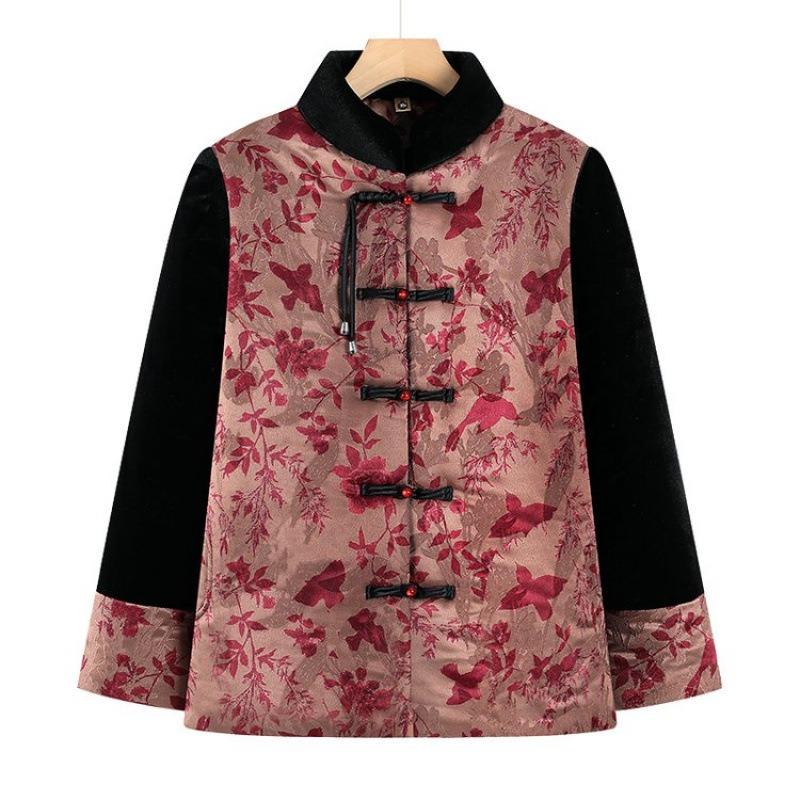 

New autumn and winter clothing Tang clothing stand-up collar long-sleeved cardigan medium old man velvet thick coat 5XL [Recommended 150-80 kg] розовый