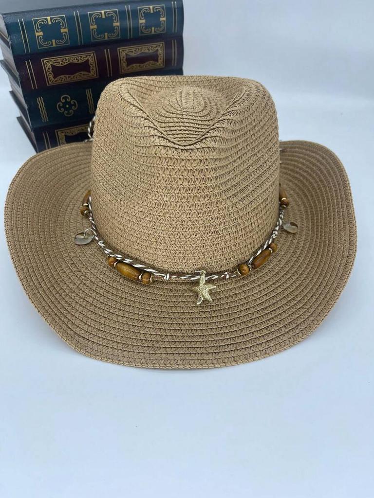 Bohemian Straw Hat With Beaded Chain Decor, Casual Sun Protection Hat For Women
