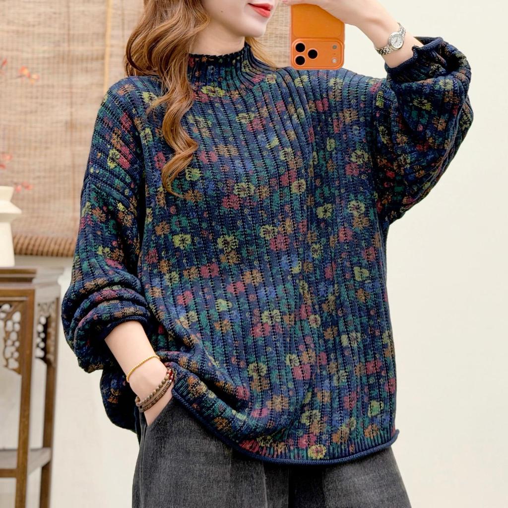 Women's Plus Size Floral High Neck Sweater - Autumn/Winter 2025 Relaxed Fit
