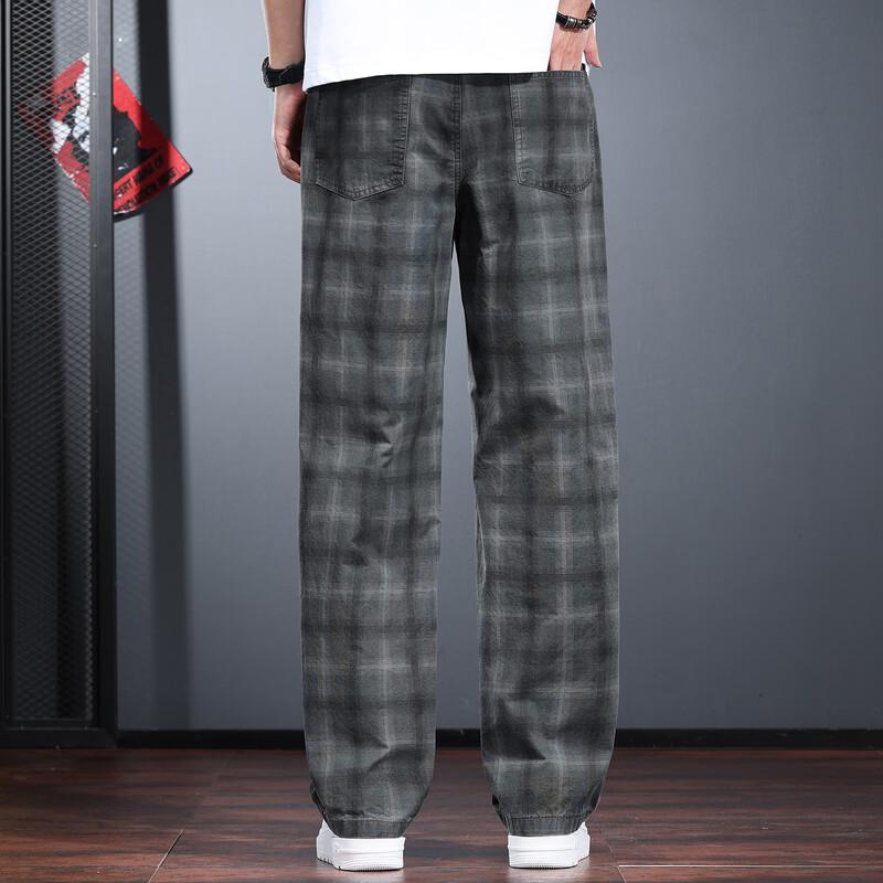 Men's Retro Washed Plaid Straight Loose Cargo Pants