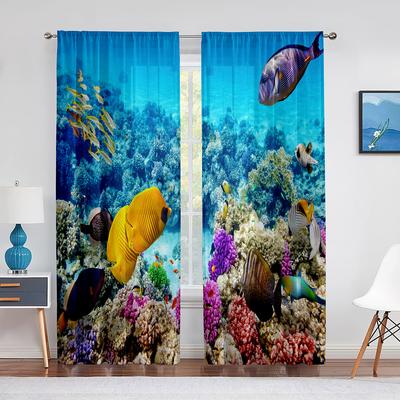 Underwater World Sheer Curtains Coral Fish Ocean Theme Marine Life Tulle Voile Curtains for Living Room Bedroom Kitchen Decor