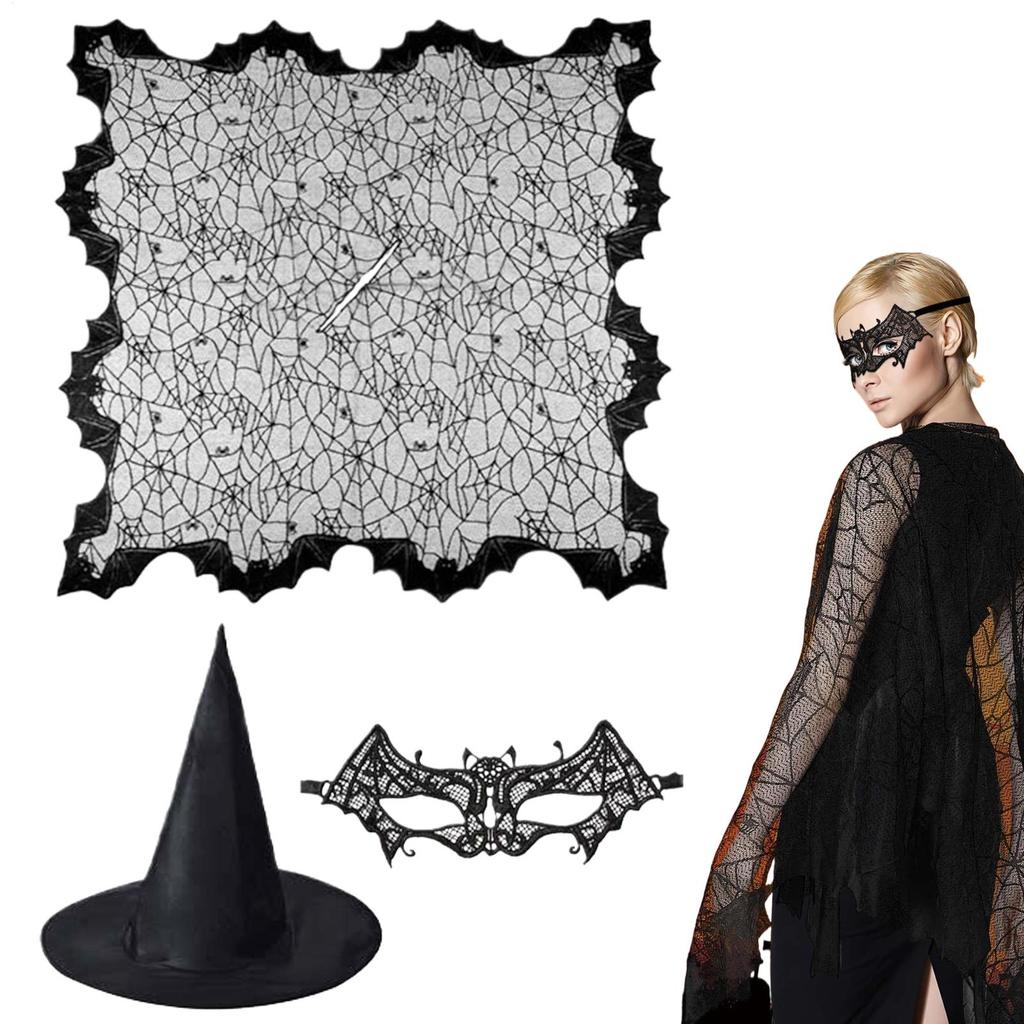Spider Web Witch Cape 3 Pieces Halloween Witch Costume Cosplay Apparel for Goth Party Photo Ghost Bridal Autumn Vampire Stage