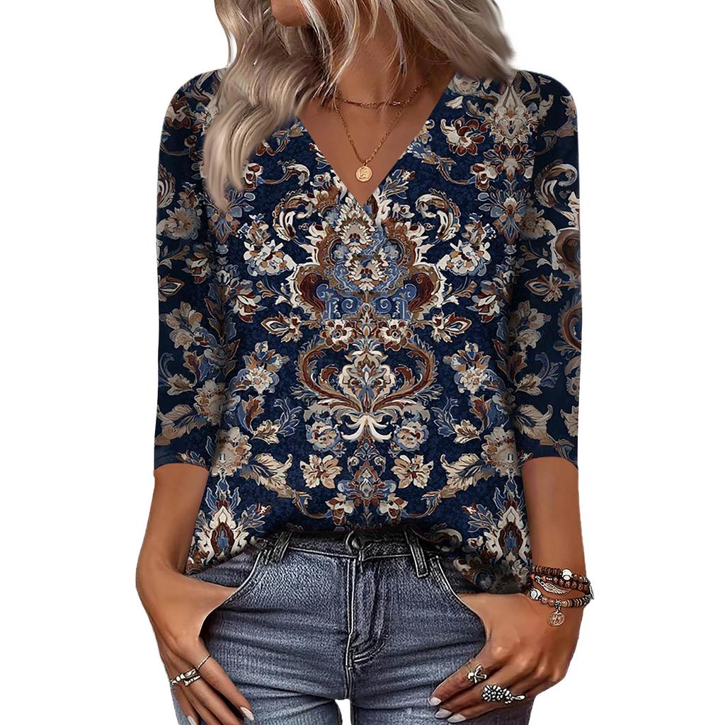 Women's 3/4 Sleeve Shirts V Neck Print Tops Casual Tops Basic Tees Blouse Loose Tops