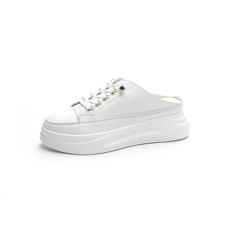 Leather Half-slippers, Women's Bag Head, Summer Heelless Little White Shoes, Lazy People Pedal Thick-soled Half-tray Shoes