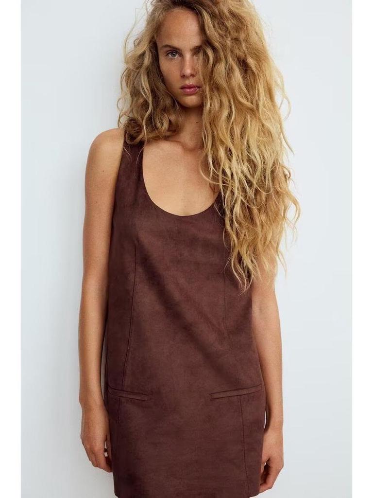 2024 Winter Women's Retro U-Neck Suede Effect Sleeveless Short Dress - European & American Style