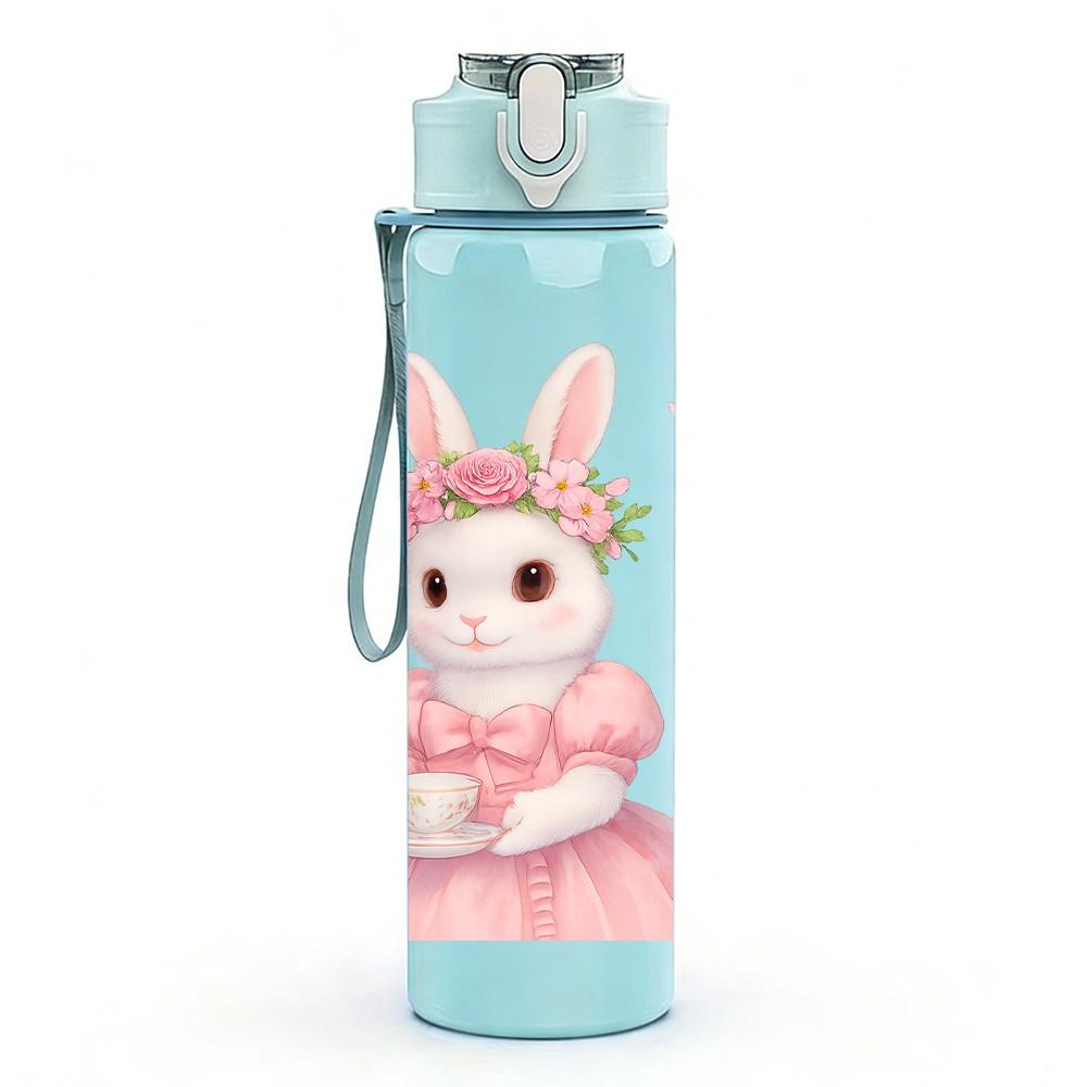 1PC Cute Bunny Pink Dress Easter Print 750ml Color Plastic Sports Water Bottle Leakproof Flip Straw Lid Suitable for Sports Office Home Use