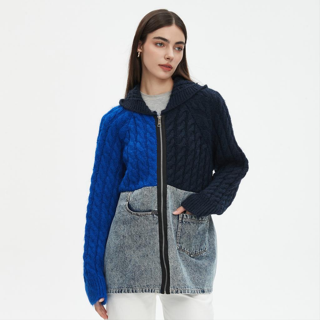 DIMANAF 2025 Herbst Neu Damen Lange Jacke Reißverschluss Pullover Mantel Patchwork Mantel Stricktaschen Pullover