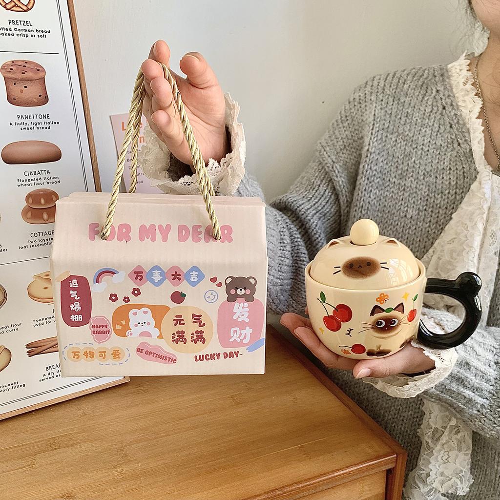 Siamese Cat Mug with Lid Spoon Cute Ceramic Cup for Women Home Office Coffee Breakfast Cup Birthday Gift