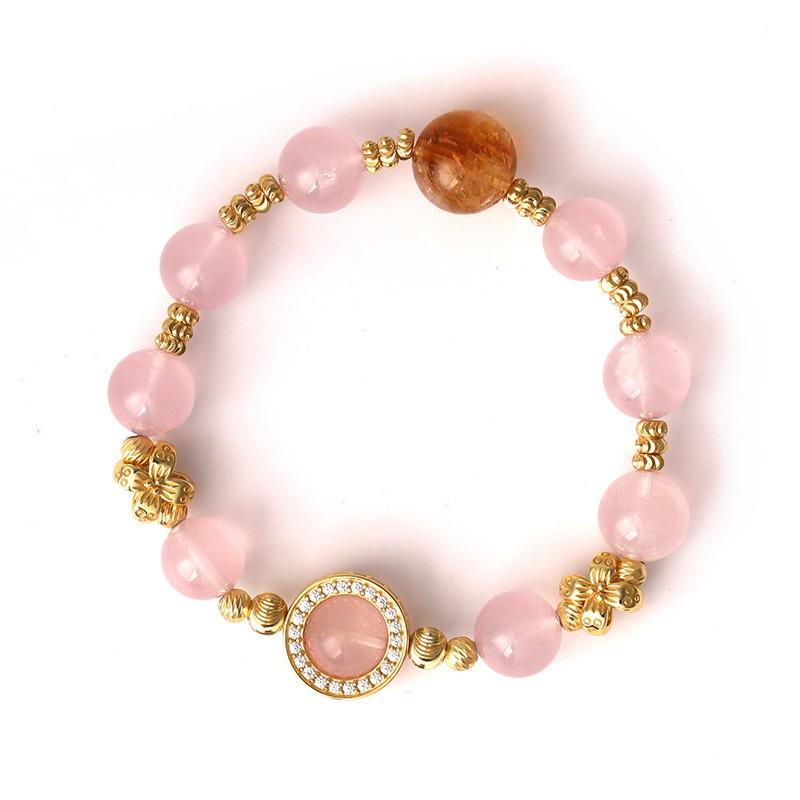 Pink Crystal Beaded Bracelet Women With Gold Plated Setting Floral Design Sweet Style Birthday Gift Rose Quartz Bracelet