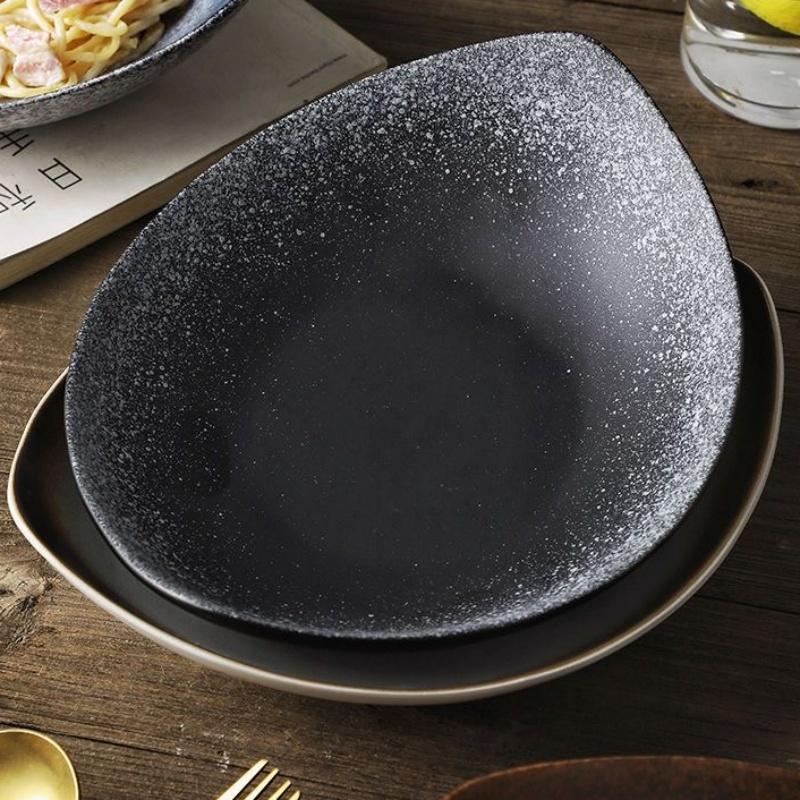 10 inch Dark Black Ink Ellipse Dinner Plate Under-Glazed Ceramic Dinner Dishes Dessert Tray Soup Plate Dinnerware Microwave Safe
