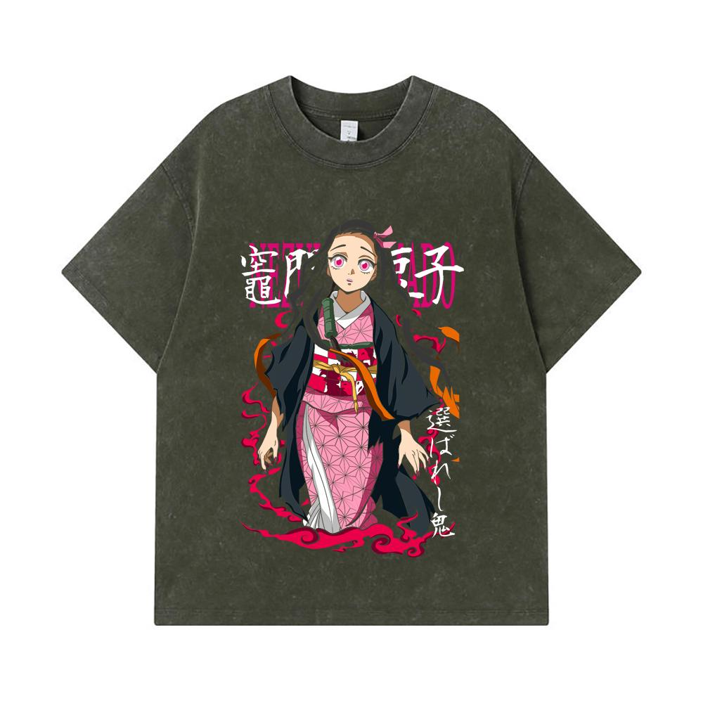

275 GSM Washed T-shirts 100% Cotton Demon Slayer V57 Nezuko Print Unisex Heavy Cotton T Shirt S армия зеленый