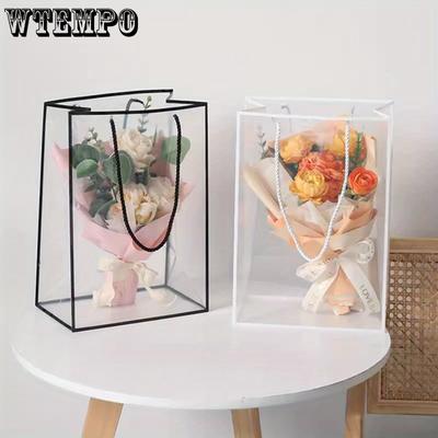6pcs Clear Plastic Gift Bag Reusable Flower Treat Bag with Handle Flower Handbag Flower Bouquet Gift Bag Gift Packaging Bags for Wedding Bridal Shower