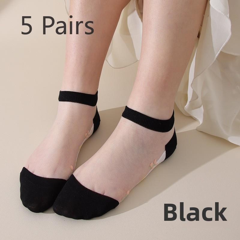 

5 пар женских носков весна-лето цветы кристалл шелковые носки-лодочки модные без косточек сшитые вручную стеклянные шелковые женские носки-лодочки носки Haining чёрный/белый