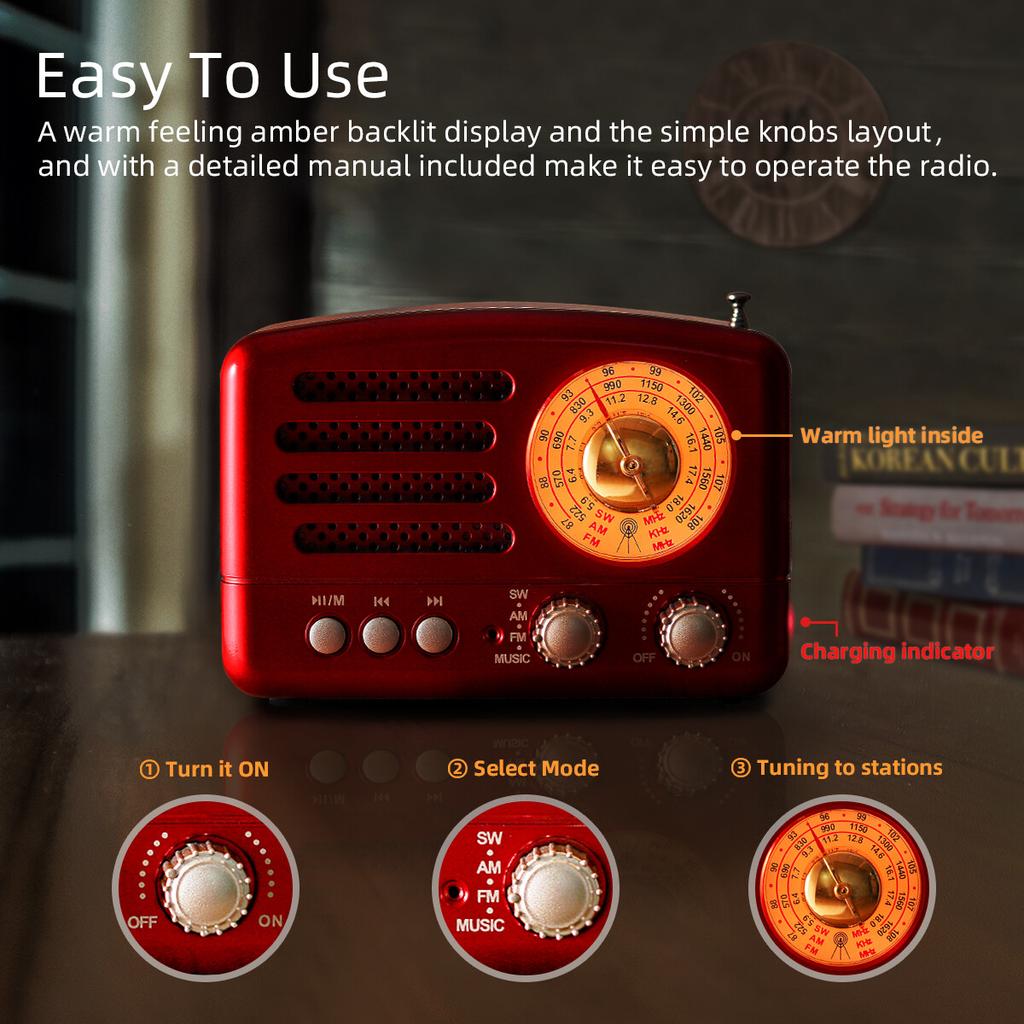 Retro Desktop FM AM Radio Receiver Rechargeable MP3 Stereo Bluetooth Speaker