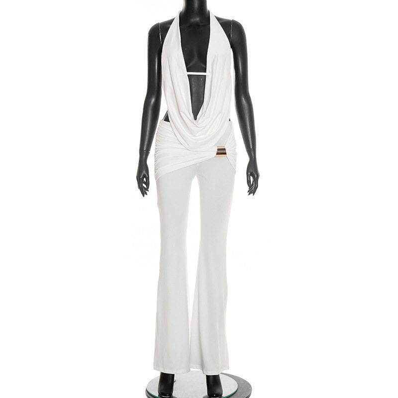 

D25St556 European and American Cross-Border Halter Neck, Open Back, Tie-Up Top with Metal Buckle and Slightly Flared Long Pants Two-Piece Set White S