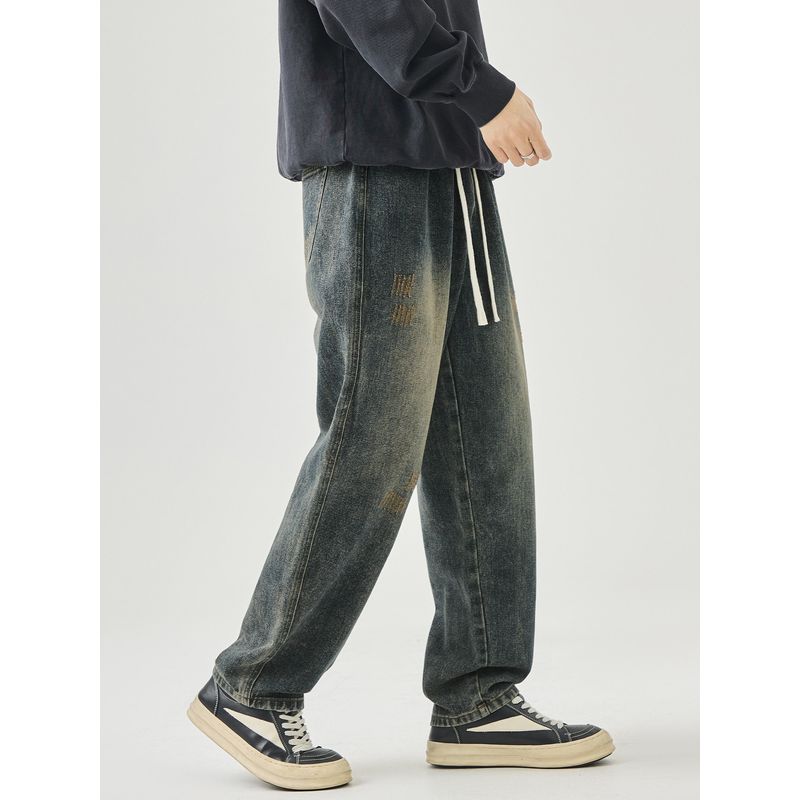Wassup American Retro Distressed Gradient Washed Jeans Men's Casual Straight-Leg Versatile Long Pants for Teenagers