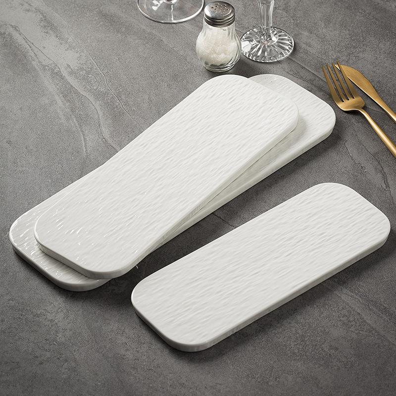 Pure White Rock Pattern Rectangular Flat Ceramic Strip Plate High-End Sushi Plate Restaurant Sashimi Plate Dim Sum Plate