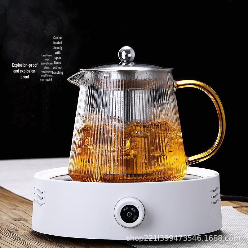 High-Temperature Resistant Glass Teapot with Vertical Pattern and Stainless Steel Filter for Brewing Scented Tea