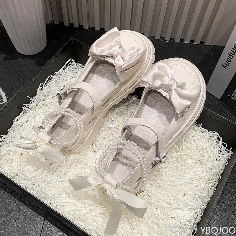 Fashion Thick soled shoes women's bow round toe cute high heels spring new versatile elegant comfortable small leather shoes