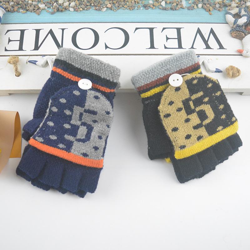 New Children's Flip Half-finger Gloves Winter Warm Cute Cartoon Leaking Finger Middle and Older Children's Writing Gloves