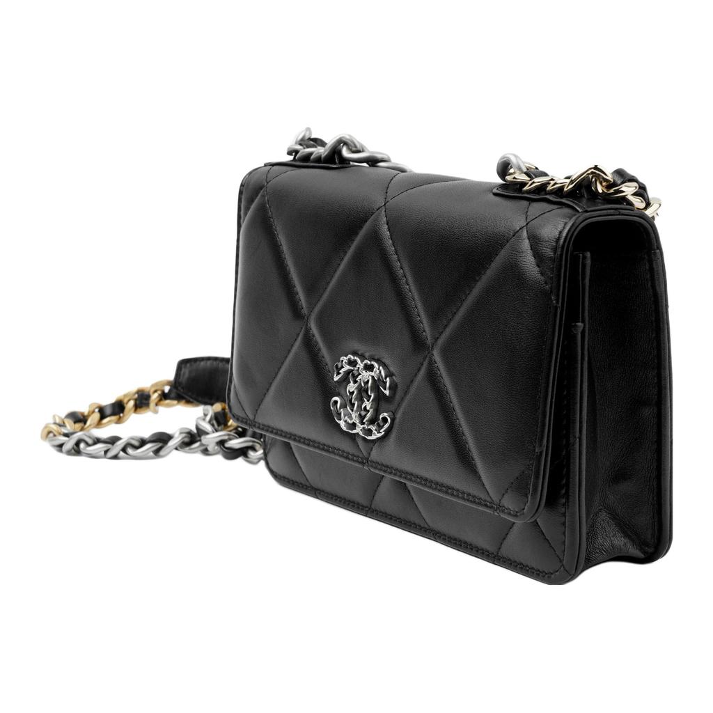 Chanel 19Bag Shiny Lambskin, Gold & Silver & Platinum Metal Crossbody Bag Mini Women's Black AP0957-B07327-94305