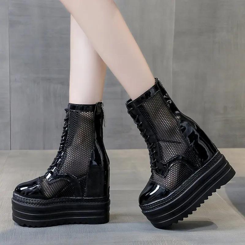 Damen Sommerstiefel Echtes Leder 2025 Neu Mesh Damen Coole Stiefel 12cm Höhe Plateau Damen Stiefeletten