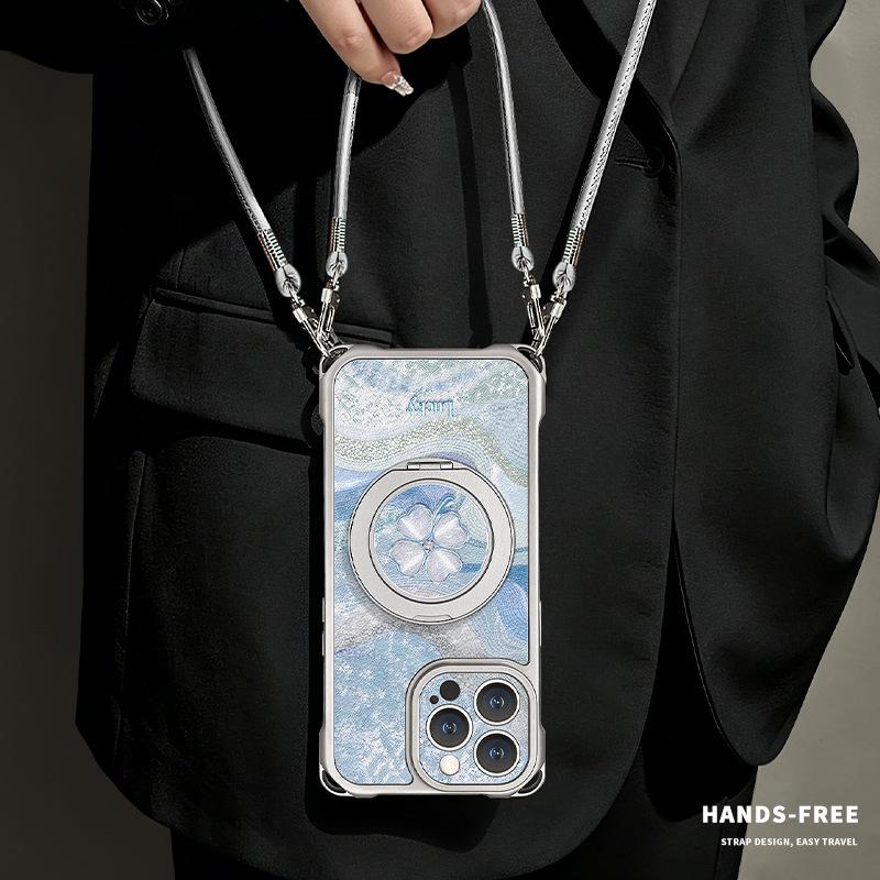Applicable to Apple 11promax mobile phone case iphone11 four-corner lanyard 11 four-leaf clover bracket 11 lambskin 11