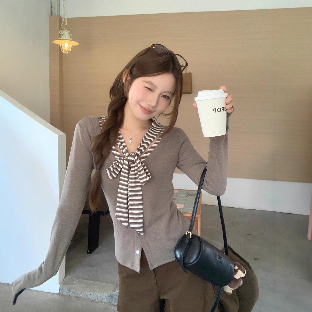 Sweet & Spicy Striped Patchwork Bow Tie Lace-Up T-Shirt - Women s Autumn/Winter Korean Style Large серый