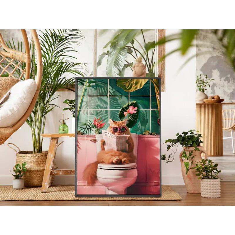 Trendy Bathroom Cat Pooping Reading In The Toilet Animal Canvas Painting Wall Art Print Bathroom Home WC Decor