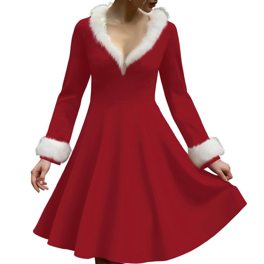 Women's Casual V-neck Christmas Print Plush Long-Sleeve Casual Dress