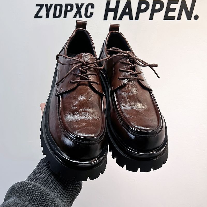 2025 New Brown Leather Men Trendy American Style Height-Increasing Chunky Stylish Thick Sole Hot-Selling Derby Shoes
