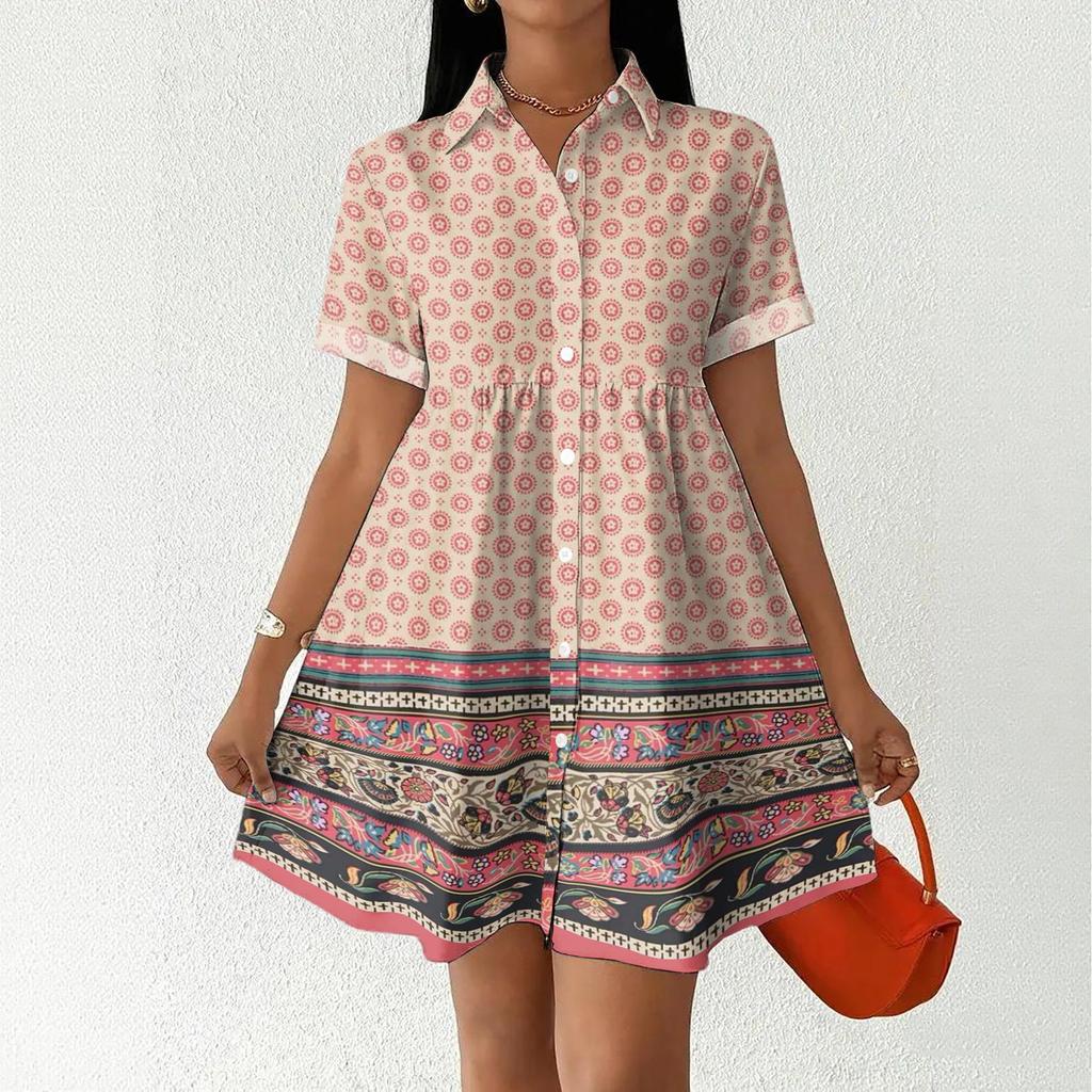 Women's Casual Loose Fit Shirt Dress Button Front Short Sleeve Collar Dress with Floral Print and Border Pattern Suitable for Daily Wear