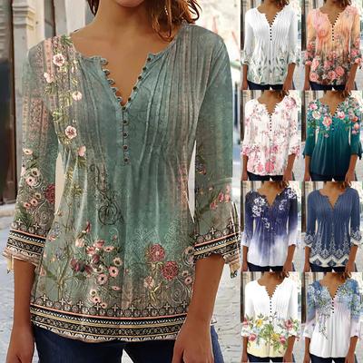 Frauen Frühling Blumen Druck Puff Langarm T-Shirts Lose Buuton V-ausschnitt Plus Größe T Shirt Tops Shirts Ans Blusen