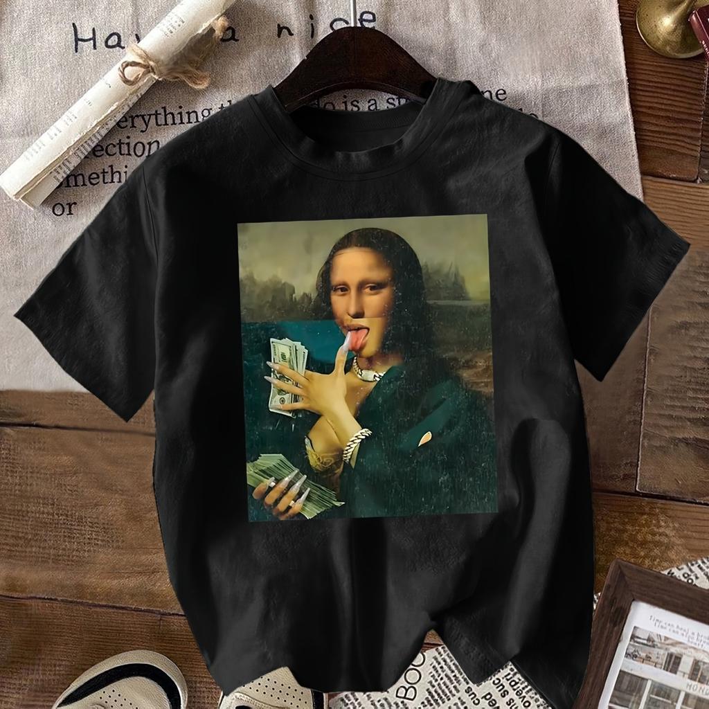 Men and Women Black Humorous Mona Lisa Money Bills Graphic T-Shirt - Casual Short Sleeve Tee with Abstract Art Design
