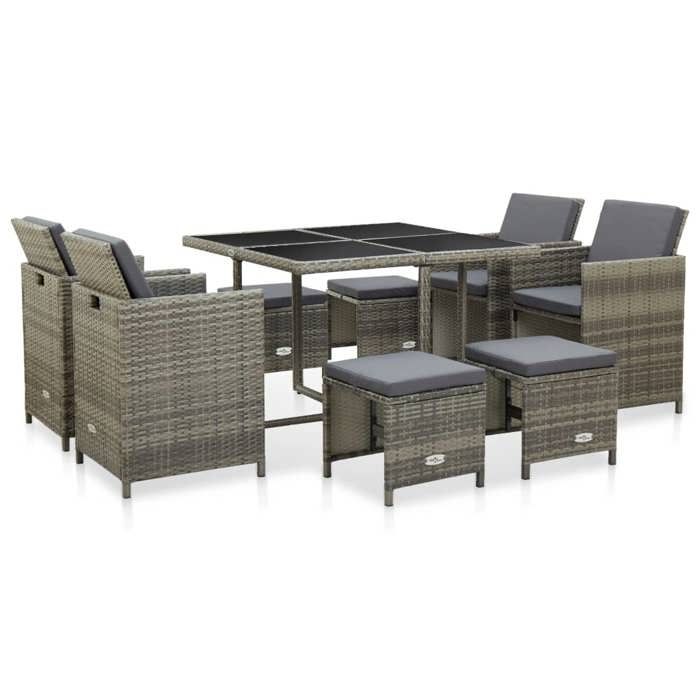 Mobilier à dîner de jardin - VIDAXL - 9 pièces - Résine tressée grise - Coussins amovibles - Contemporain