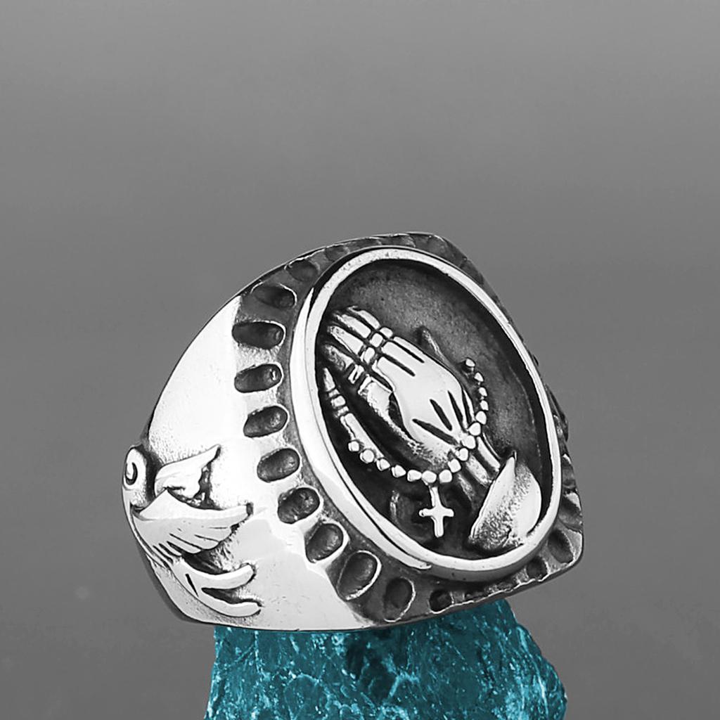 Retro Praying Hands Large Ring For Men Stainless Steel Ring Punk Gothic Hiphop Accessories Christian Gift For Family
