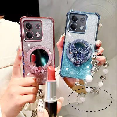 Mirror Shockproof Glitter Magnetic Case for Xiaomi Redmi Note 15 Pro Plus Redmi 15C 4G 5G Butterfly Phone Holder Bracelet Cover