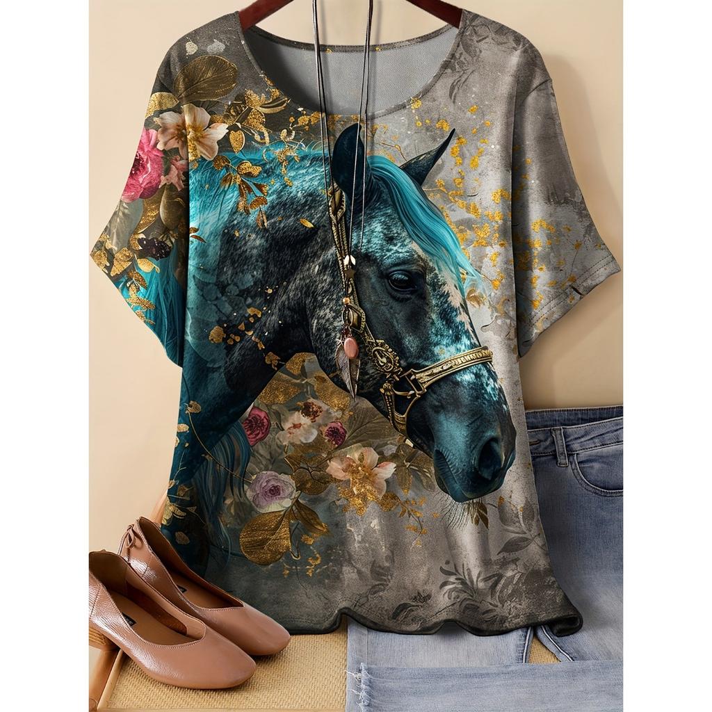 Summer Round Neck 3D Flower Pattern Print Top Fashionable Casual Short Sleeved Women's T-shirts