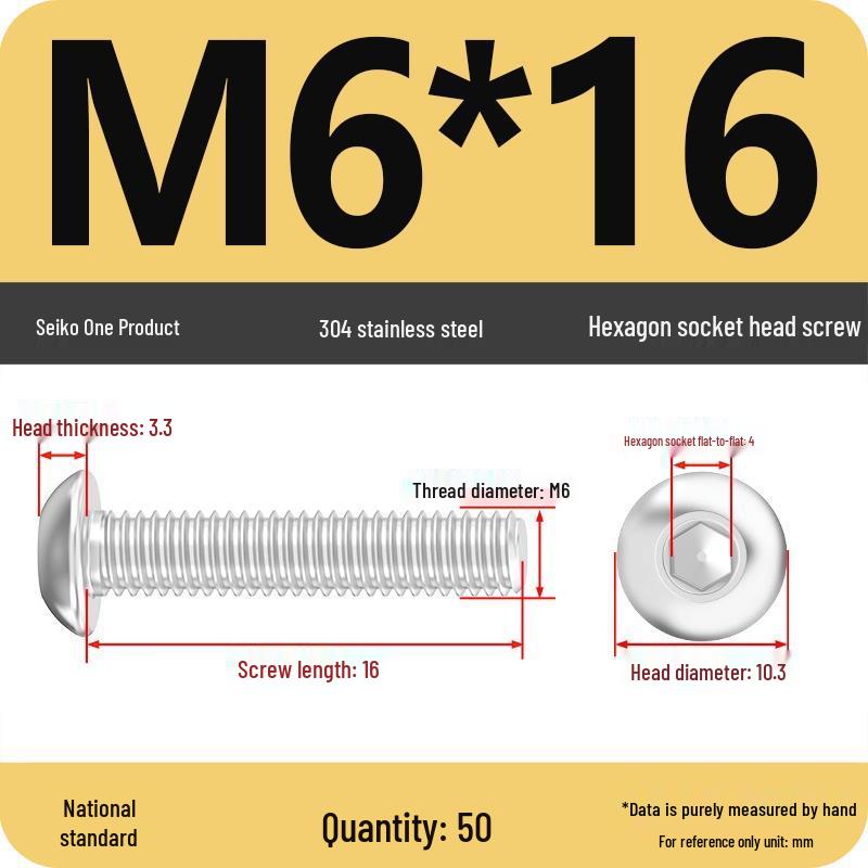 304 Stainless Steel Pan, Half, and Round Head Hexagon Screws (M2-M12)