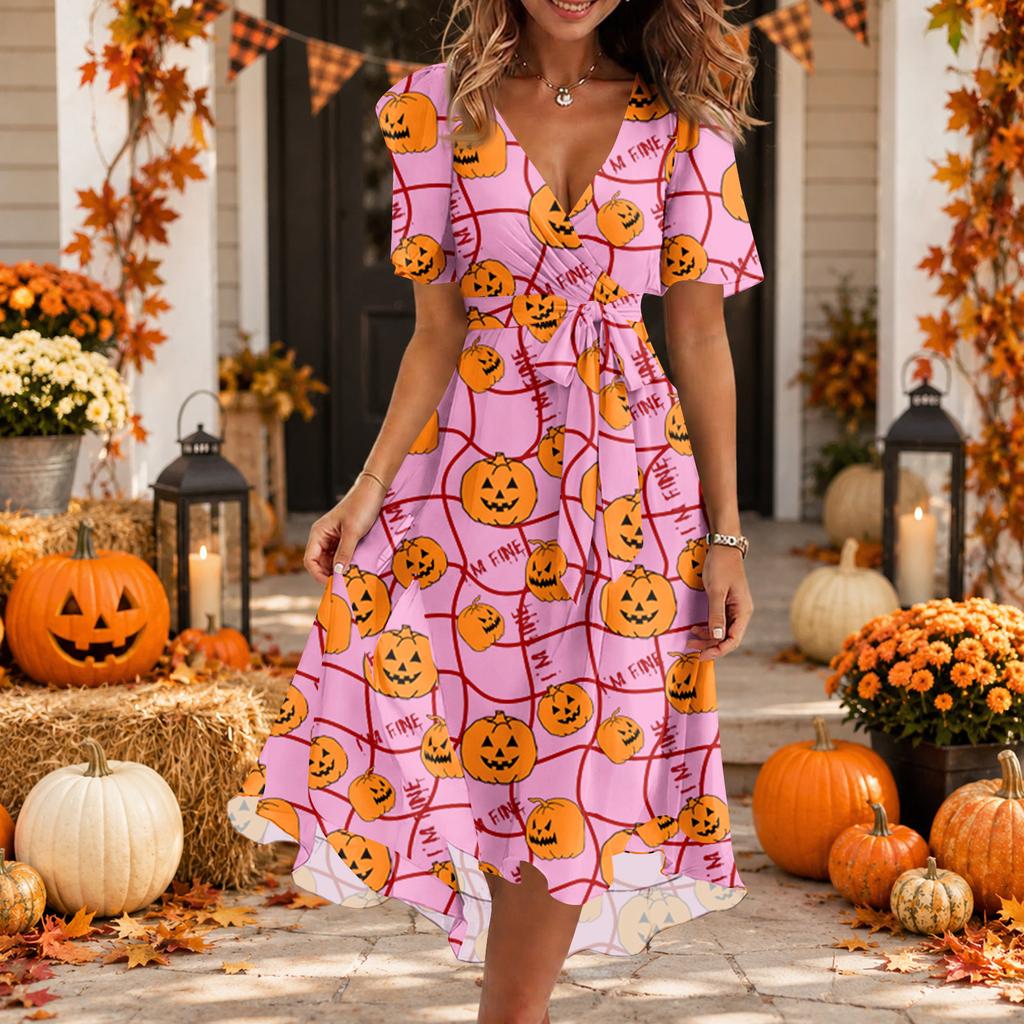 Women Casual V Neck Short Sleeve Halloween Print Dress Midi Length Relaxed Fit Lightweight Fabric Summer Dress